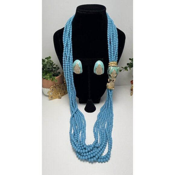 Ciner Luxury Feline Head Turquoise Beaded Necklace Earrings Set Vtg Stunning - Picture 3 of 16